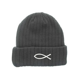 FB- Bible fish symbol embroidered fleece beanie, insulated winter beanie, custom make beanie, cool gift (GREY)