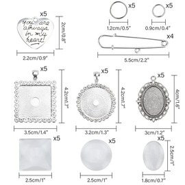 49PCS Wedding Bouquet DIY Photo Charm Oval Round Square Silver Pin Brooch Making Kit with Clear Glass Cabochons Heart Pendant Jump Rings for Craft Jewelry Making