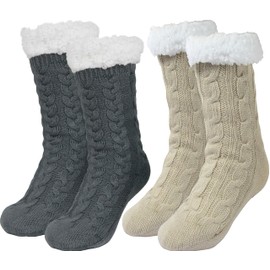 Sooneeya Women Thick Warm Slipper Socks Fuzzy Christmas Slipper Socks with Grips House Reading Sherpa Socks Gift for Women Grey Light Khaki -2 Pairs