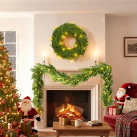 BNEAR 12FT(2 * 6FT) Christmas Garland with LED Lights - Artificial Norfolk Pine, Flexible & Pre-Lit Holiday Décor for Indoor & Outdoor Use, Perfect for Mantel, Staircase, Front Door