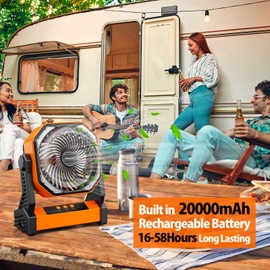 Battery Operated Camping Fan, 20000mAh Rechargeable Portable Fan, 4 Speed Outdoor Fan with LED Light and Hook for Tent Car Travel Jobsite Fishing Outdoor Hurricane Power Outage