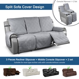 TAOCOCO 100% Waterproof Recliner Couch Covers with Console, Sofa Covers for Reclining Sofa 3 Seat with Straps Design, Split Recliner Sofa Cover Furniture Pets Kids Protector (3 Seater, Gray)