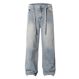 Aelfric Eden Womens Rhinestone Jeans Y2K Wide Leg Pants Unisex Loose Oversized Trousers Casual Baggy Streetwear Denim Pants Blue 28