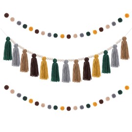 Syhood 3 Pcs Boho Tassel Garland Decor 1 Boho Tassel Garland with Wood Beads and 2 Western Decor Colorful Pom Pom Ball Garland for Baby Shower Home Party Wall Hanging Decor Gifts(Elegant Colors)