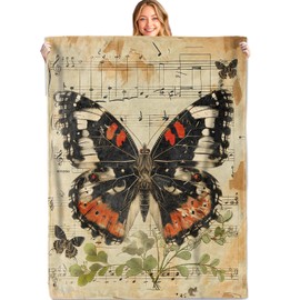 MIEPOS Vintage Butterfly Music Notes Throw Blanket, 50x60in, Soft, Lightweight Flannel,Artistic Black and Red Insect with Clover Blankets, Gifts for Women, For Boho Home Living Room Decor