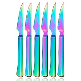 culterman Ultra-Sharp Stainless Steel Cutlery Set,Dinner Knives 6-Piece kitchen Serrated Best Steak Knife (Rainbow)