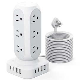 Tower Surge Protector Power Strip, 10FT Extension Cord with Multiple Outlets, Flat Plug Outlet Extender with 12 AC Outlets & 8 USB Ports, 24W Total Charging Station for Home Office Dorm Room