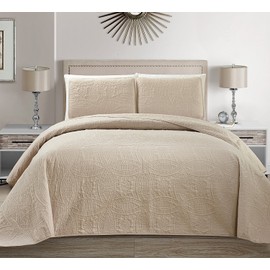 Linen Plus Collection 3 Pieces Full/Queen Over Size Embossed Coverlet Bedspread Set Solid Beige/Khaki 106" x 100" New