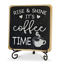 Farmhouse Coffee Bar Sign, Rise & Shine It's Coffee Time, 6"x6" Wood Plaque with Stand Gift for Home Kitchen Tabletop Decor