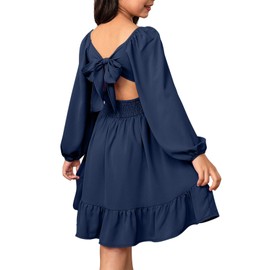 blibean Girl Long Sleeve Tie Back Dress Teens Fall Boho Semi Formal Dresses Tweens Holiday Off Shoulder Outfits Little Kids Fancy Party Valentines Clothes Size 10-11 Years Old Dark Blue