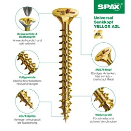 SPAX Universal Screw, 4 x 25 mm, Pack of 180, Fully Threaded, Countersunk Head, Phillips Z2, 4CUT, Yellox A2L - 8000000276637