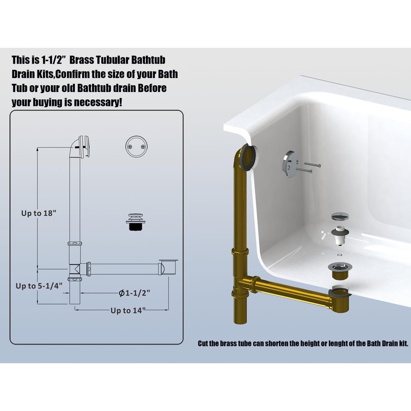 Artiwell 1.5" Brass Tubular Bath Drain Kit - Touch-Toe Bathtub