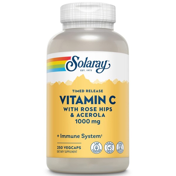 SOLARAY Vitamin C 1000mg Timed Release Capsules with Rose Hips & Acerola Bioflavonoids, Two-Stage for High Absorption & All Day Immune Function Support, 60 Day Guarantee, 250 Servings, 250 VegCaps