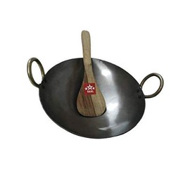 BRRL Pure Iron Kadai Lokhand Loha Kadhai Large Heavy Wok Cooking Pan 13inch with Wooden Karchi, Black