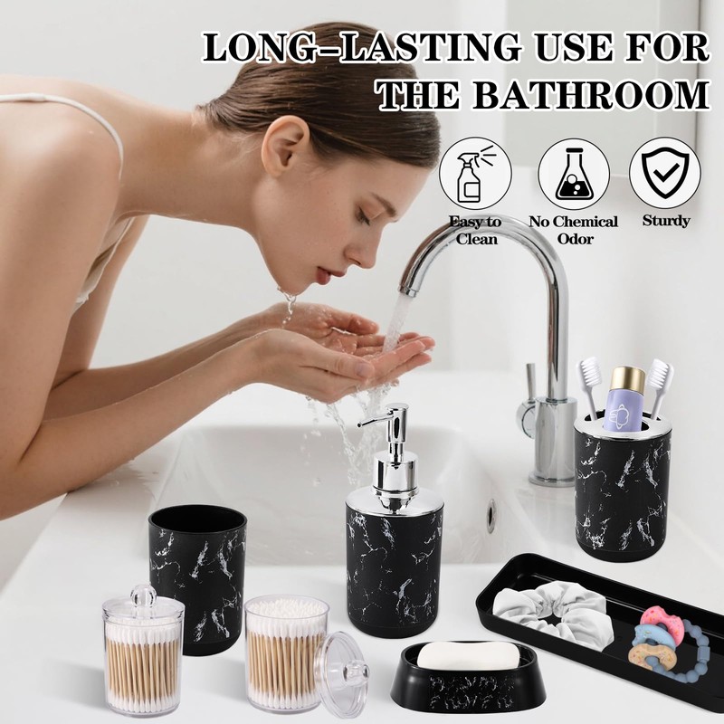 InnJoey Bathroom Accessories Set, 9-Piece Marble Black Bathroom Set, Black