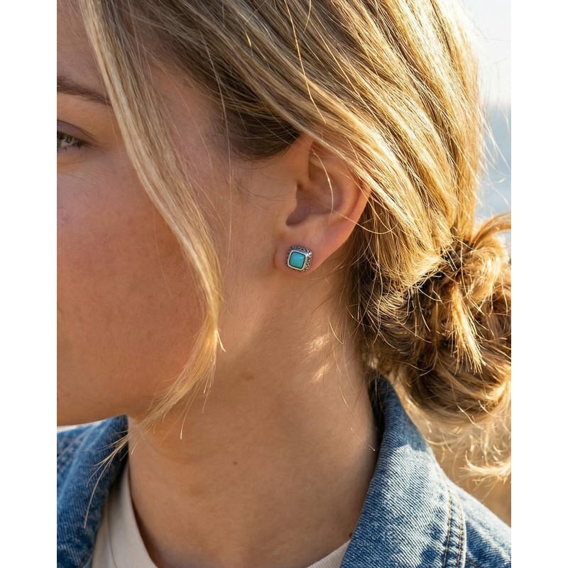Turquoise Earrings, Vintage Small Stud Earrings for Men with 925