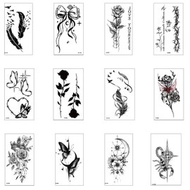Qpout Black Temporary Tattoos for Children and Adults, Fake Tattoos for Men, Women, Girls and Boys, Temporary Tattoos with Feathers, Butterflies, Flowers, Tribal Totems