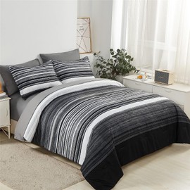 KAKIJUMN 5 Piece Bed in a Bag Stripe Comforter Set Twin Size, White Grey Black Patchwork Striped Comforter and Sheet Set, All Season Soft Microfiber Complete Bedding Sets(Grey,Twin)