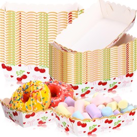 Havawish 48pcs Cherry Bow Paper Food Trays Pink Bow Cherry Paper Plates Food Boat Nacho Trays Serving for French Fries Nachos Snack Hot Dog Taco BBQ Popcorn Wedding Birthday Party Supplies Decoration