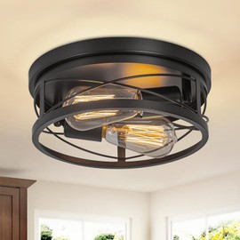 foucasal Farmhouse Ceiling Light Fixture Black Flush Mount Ceiling Light 2-Light Industrial Metal Cage Ceiling Lights for Hallway, Foyer, Kitchen, Dining Room Bedroom Living Room Laundry