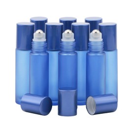 Rodillo de vidrio sobre botella, botella de aceite esencial recargable de 10 ml con bola de acero inoxidable, paquete de 10 (azul)
