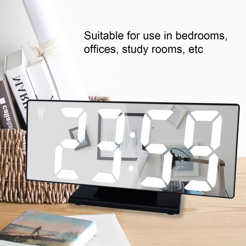 Digital Alarm Clock LED Mirror Screen USB Charging Automatic Dimming