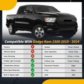 Right Passenger Side Mirror Compatible with Ram 1500 2019 2020 2021 2022 2023 2024 2025,W/Heated/Power Folding/Power Glass/Puddle Light/Signal Light(10pins)