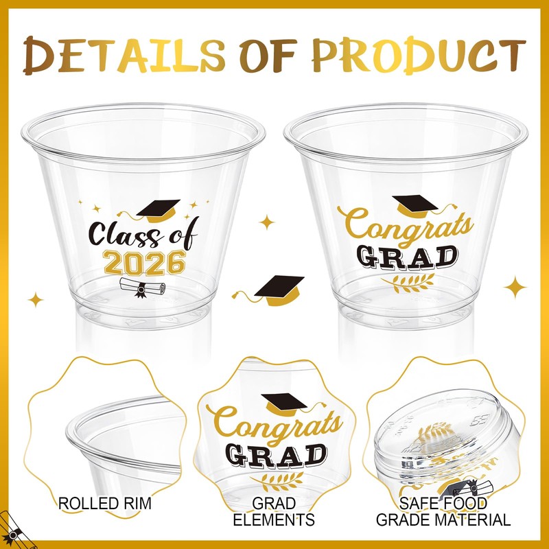 100 Pcs Graduation Cups 9oz Black Gold Class of 2026