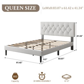 CXVX Queen Size Platform Bed Frame with Upholstered Headboard, Button Tufted Design, Strong Wooden Slats, No Box Spring Needed, Easy Assembly, Noise Free