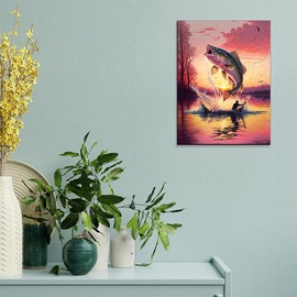 XOING Pink Sunset Lake Fish Diamond Painting Kits, 5D Round Rhinestones Diamond Painting for Adult, DIY Embroidery Art Kit, for Wall Decor and Cafe Decor, 12x16 Inch