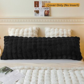 LIFEREVO Fluffy Faux Rabbit Fur Long Bolster Pillowcase, Soft Cozy Plush Body Pillow Cover with Zipper, Fuzzy Furry Waffle Bubble Long Bed Pillowcase for Pregnancy Women Side Sleeper, 4.6ft, Black