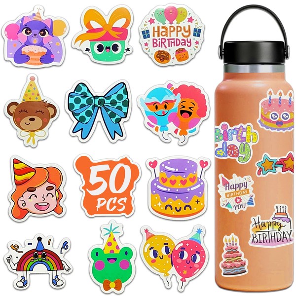 Bifarde 50Pcs Birthday Party Stickers - Vinyl Waterproof, Easy Peel