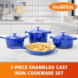 Hisencn 7-Piece Enameled Cast Iron Cookware Set-Dutch Ovens, Skillet & Saucepan with Lids- Ceramic Coated, Heavy Duty, Gas/Induction Compatible, Oven Safe to 550°F, PFOA-Free, Cobalt Blue