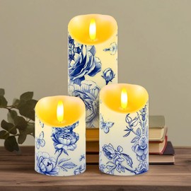 3 Pcs Chinoiserie Flameless Candles Blue and White Battery Operated LED Candles Flickering Pillar Blue White Floral Printed Faux Candle with Remote Timer for Wedding Christmas Festive Home Party