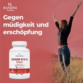 Bandini Vitamin B12 Folic Acid + Vit C | 400 Vegan Tablets | 1 Tablet / 1 Year Supply | With Bioactive Form Methylcobalamin and Quatrefolic | 500µg B12 + 200µg Folic Acid + 80mg Vitamin C | Vegan
