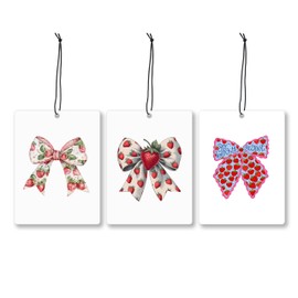 Mancheng-zi Coquette Strawberry Bow Car Air Freshener 3Pcs, Cute Preppy Girly Air Freshener Hanging for Cars Closet Drawer or Books, cute Strawberry Car Accessories Mirror Decor for Women