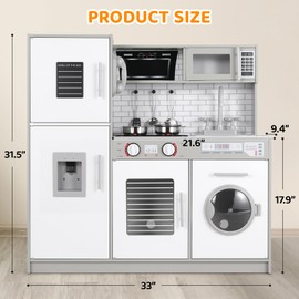 Arlopu Kids Kitchen Playset, Wooden Pretend Play Toy Set w/Realistic Design, Lights Sounds, Pots Pans Utensils for Boys Girls Ages 3+ (Gray)