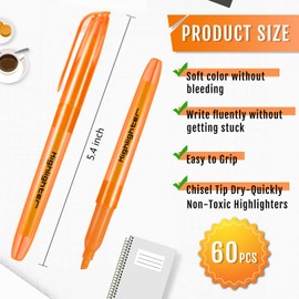 Fuutreo 60 Pack Pastel Highlighters Bulk Bright Color Highlighter Marker Chisel Tip Dry Quickly Safe Highlighter Pens Fluorescent Ink for Adults Home School Office(Orange)