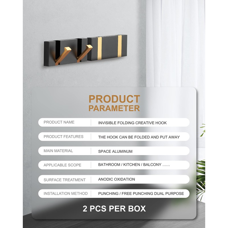 2 Pack，Waterproof Black Gold Wall Hooks，Foldable Towel Hooks for Bathrooms，Coat