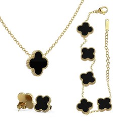 Lucky Four Leaf Clover Jewelry Set, Titanium Steel Necklace Pendant Earrings Bracelet for Women, Enamel Flower Gold Plated Station Chain Wrap Layer Clover Jewelry Girls Gift(Black)