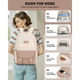 KROSIAS School Backpack for Teen Girls Women, Lightweight Cute Bookbag Large 15.6 Inch Laptop Bag for High School College Students - Khaki Beige