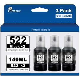 522 Ink Refill Compatible 522 Black Ink Replacement for epson ecotank Printer EcoTank ET-2720 ET-2800 ET-4700 ET-4800 ET-2710 ET-2803 Printer, (3 Packs 140ML)