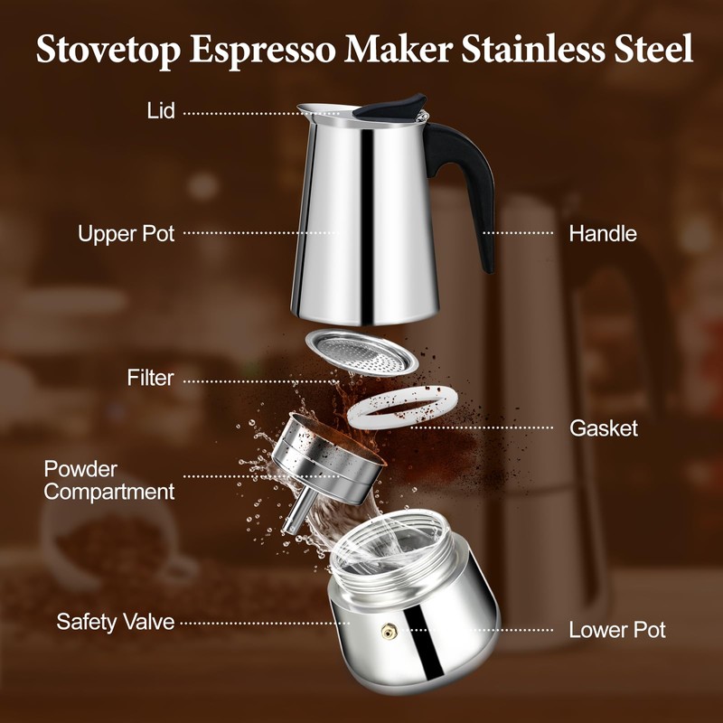 Vaolvpant 2 Cup Stainless Steel Moka Pot Stovetop Espresso Maker