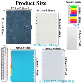 Ring Binder A5 Refillable, PU Leather Refillable Notebook Ring Binder A5 Diary Checked Paper Genuine Leather Inner Pockets for Travel Work and Organiser, Gift for Girls, Boys (Blue, 23 x 17 cm)