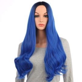 OneDor Long Curly Multi-Color Colorful Hair Full Wigs - Charming Lolita Cosplay Party Wig (Black Root Blue Ombre）
