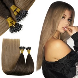 RUNATURE Nano Human Hair Extensions Balayage Brown with Ash Blonde Nano Hair Extensions Real Human Hair Ombre Brown Nano Ring Hair Extensions 14 Inch 50g
