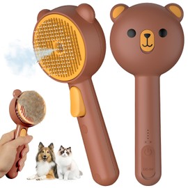 Cat Steam Brush, Self Cleaning Pet Spray Hair Removal Comb with Release Button, 3 In 1 Cat Brush for Indoor Cats, Waterproof Pet Grooming Brushes for Long Short Haired Dogs Cats（Brown）