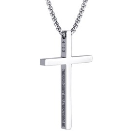MUERDOU Cross Necklace for Men Cross Pendant STRENGTH Bible Verse Stainless Steel Necklace Silver Box Chain