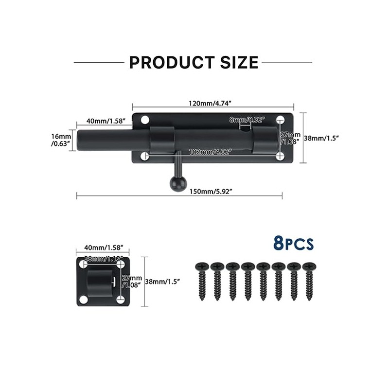 Sayayo Sliding Bolt Gate Latch Black Heavy Duty Stainless Steel