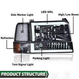 GRAND ORANGE LED DRL Headlights, Compatible with 1992-1996 Ford F150 Bronco/Fit 92-97 F250 F350 Super Duty w/Corner Signal Smoky lens Amber Reflector